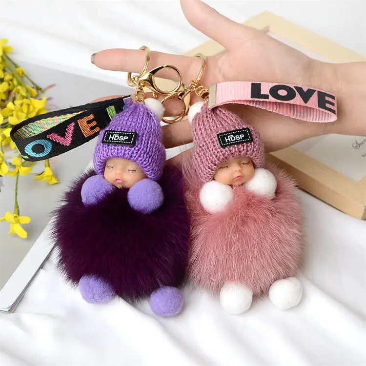 Kawaii Sleeping Baby Doll Plushie Keychain Plush Doll Rabbit Fur Pom ...