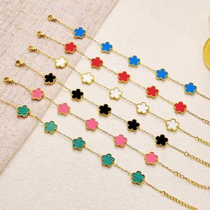 High Quality Fashion Classic Premium Silver Plated Stainless Steel Double-sided Natural Stone Four-leaf Clover Bangles Gift