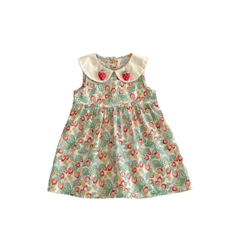 Girls Summer New Korean Style Baby Skirt Kids Strawberry Doll Collar Floral Pattern Children Sweet Princess Skirt