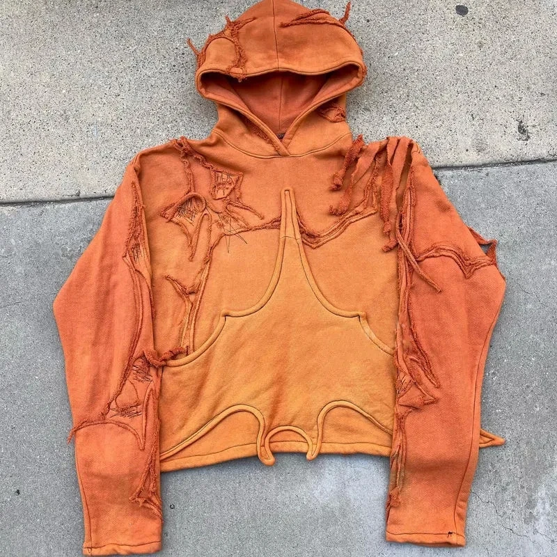 Salati Latest Design Heavyweight 500GSM Cut and Sew Embroidery Distressed Patch Hip Hop Stone Acid Washed Hoodie Manufacturer