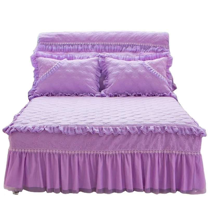3pcs Princess Lace Bed Skirt Pillowcase Set Purple Pink Beige