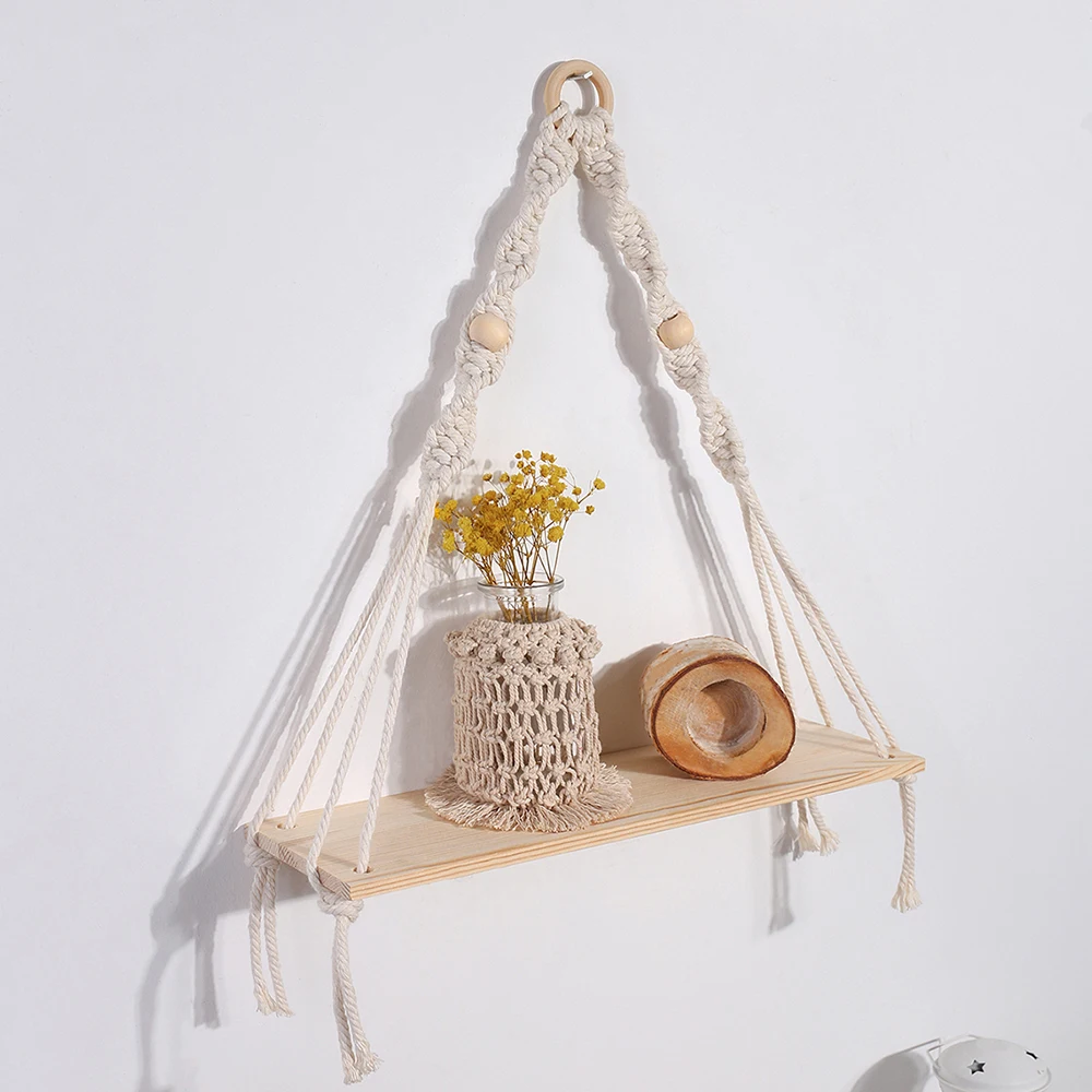 Artilady  3 Tier Layer Macrame Wood Wall Hanging Shelves Plant Decor Boho Floating Shelf for Bathroom