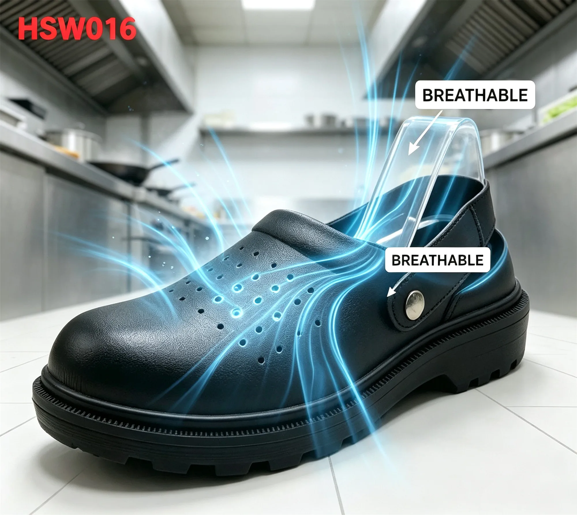 XYM,Restaurant Buckle Strap Design Hua Singh Black Work Slippers Food Processing Chef Safety Shoes with Ventilation Holes HSW016