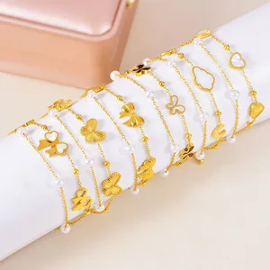 MW Women's Fashionable Pearl 18K GoldPlated Stainless Steel Double-Layer Bracelet with Shell Bowknot & Double-Sided Heart Charms