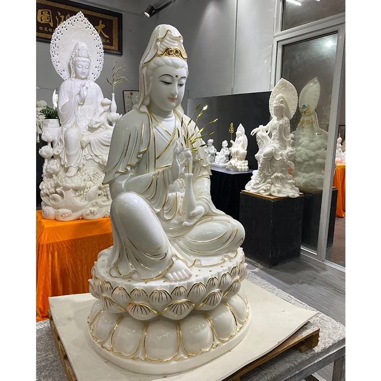 白玉の石像 座像 観音菩薩 女性仏像 瞑想する仏像 観音菩薩 仏教彫刻