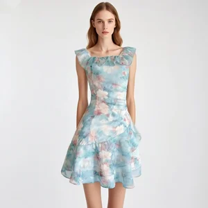 Custom Women's Floral Chiffon Dress, Square Neck Ruffle Sleeve Flowy Mini Dress