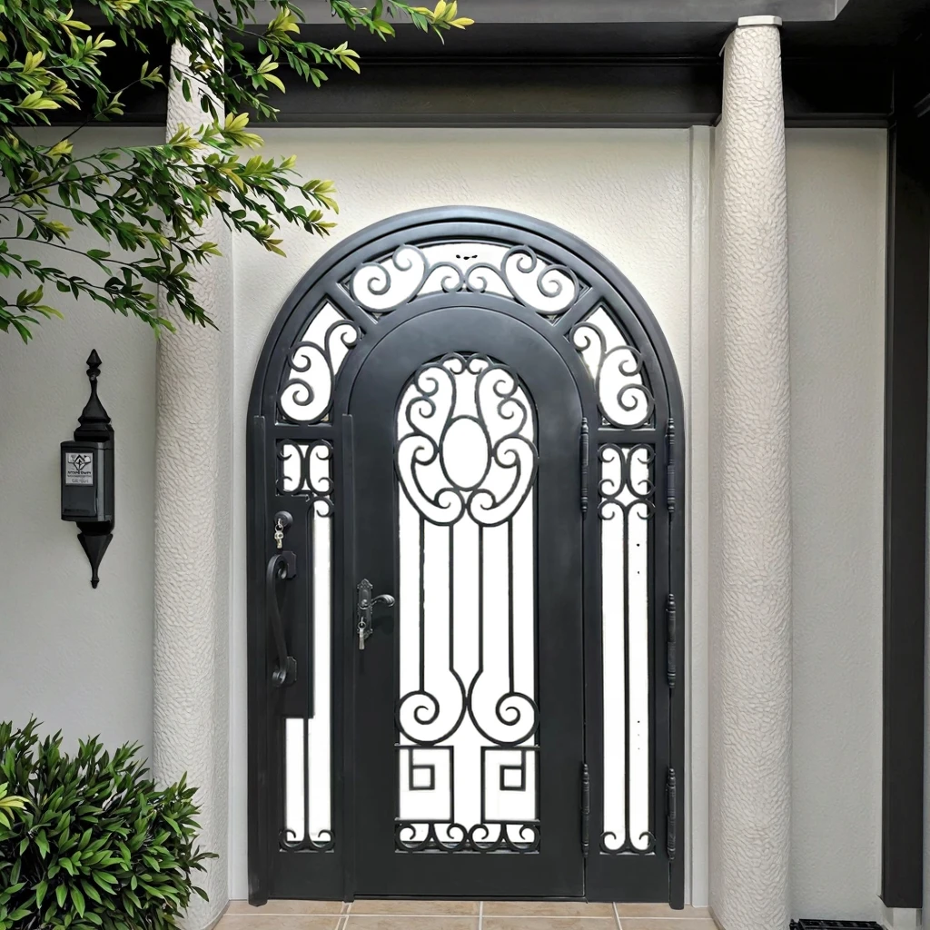 Single Wrought Iron Anti-Theft Modern Entry Door with Operable Sidelight Window for Apartment and Villa Exterior Use manufacture