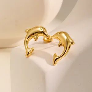 Summer Ocean Style Cute Animal Little Dolphin Stud Earrings Stainless Steel 18k Gold Plated Stud Earrings Women Jewelry