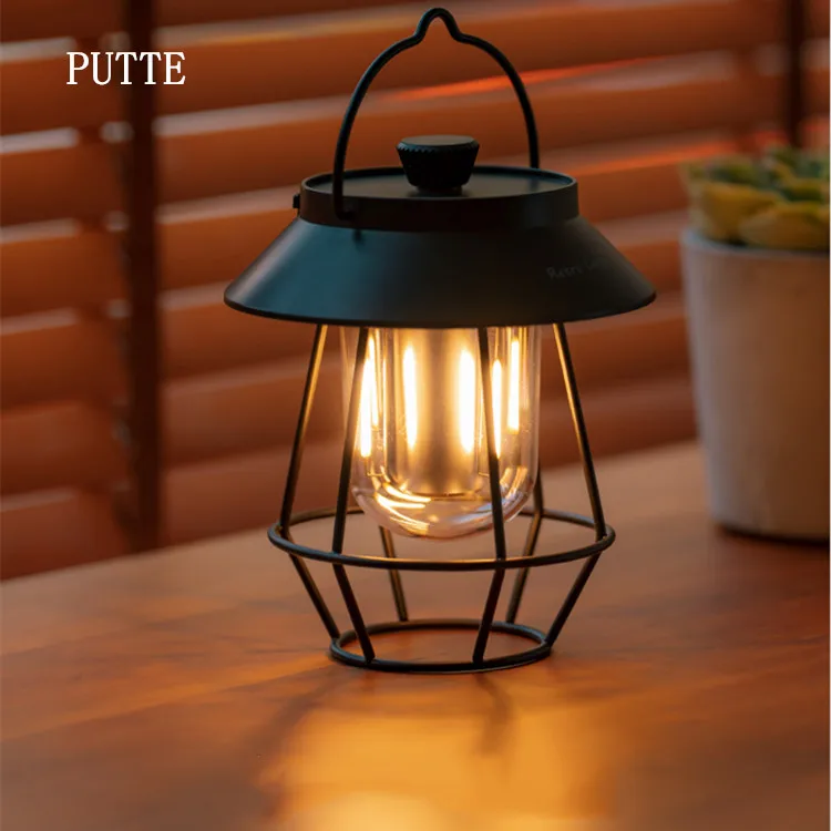 Vintage Retro Portable Camping Lantern Rechargeable Light Hanging Lamp  Outdoor Light 3 Modes Dimmable Emergency Light With USB