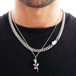 Men All Match Rose Pendant Necklace Stainless Steel Two Face Grinding Cuban Link Trendy Sweater Accessory for Boys Fashion