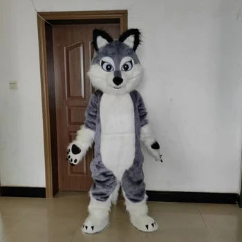 New Long Fursuit Grey Husky Wolf Dog Mascot Costume for Adult Cartoon Animal Role Play for Halloween Parade Festival