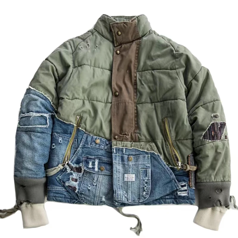 DiZNEW Heavy washing ripped jacket patch utility denim patchwork puff jacket winter warm street Duffle coat man manufacture