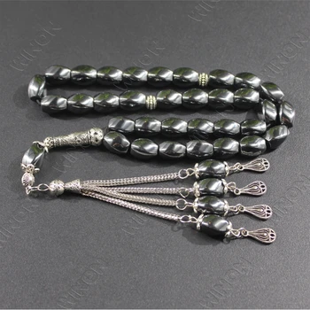 Hot Sale 8*12mm Twisted Black Hematite Stone Silver tassel Islam Tasbih Prayer Beads 33 Allah Masbaha Subha Tesbih Muslim Rosary