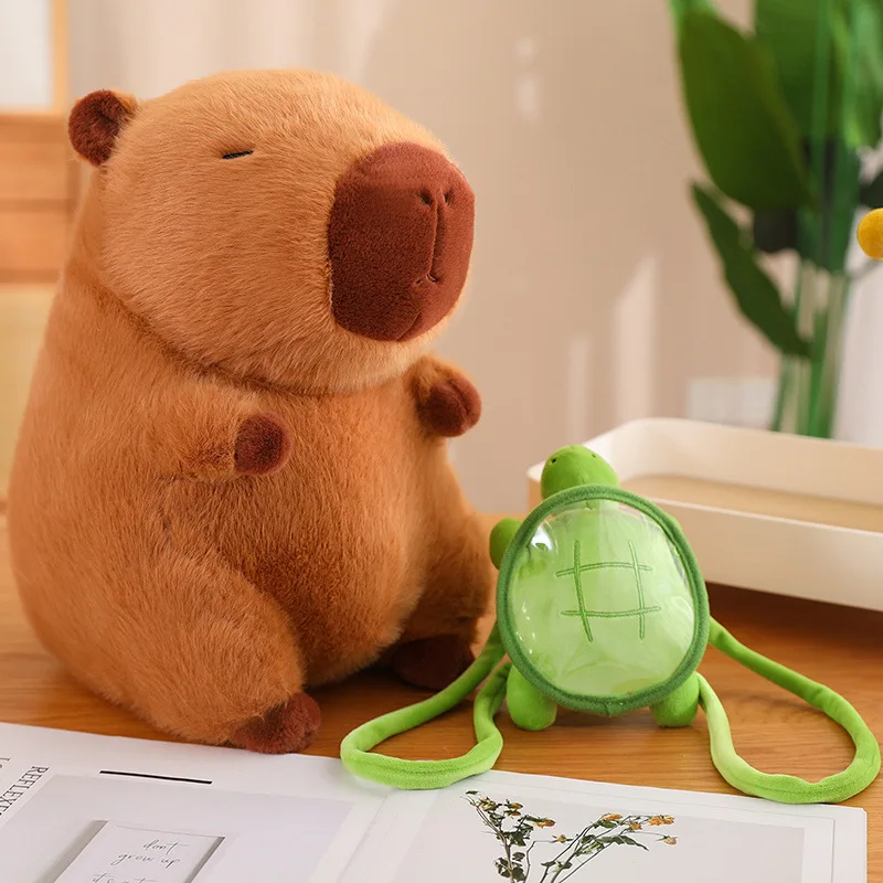 RuunJoy Capybara Plush With Turtle Backpack Simulation Capibara Anime Fluffty Doll Cute Stuffed Animals Doll Xmas Gift Kid Toys