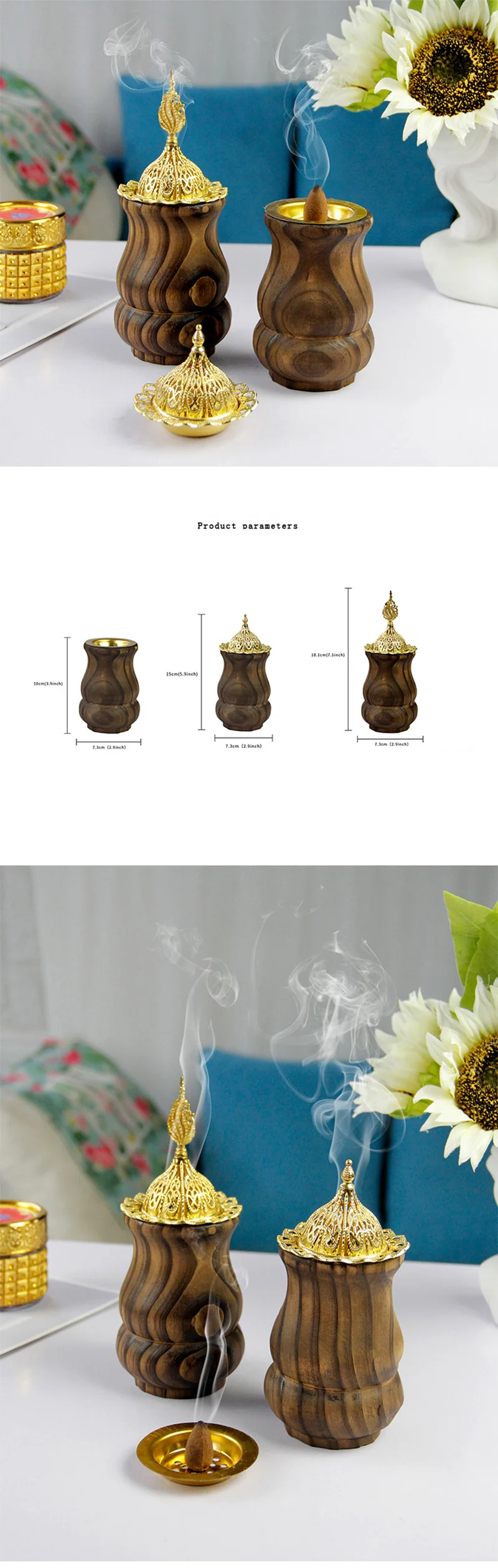 Vintage Handheld Wooden And Gold Metal Incense Burner With Wood Grain ...