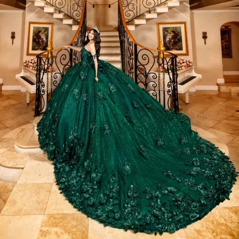 Emerald Green Glitter Quinceanera Dress - 3D Flower Applique Ball Gown for  Teenage Girls, Perfect for Party Celebrations
