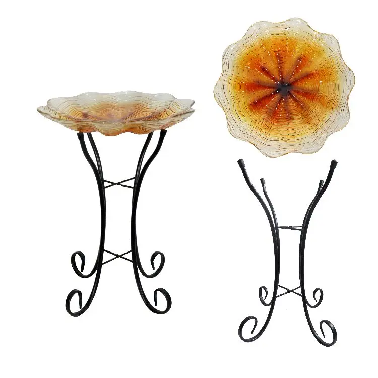 18 Inches  Irregular Shape Hand-painting Golden Color Sunflower Glass Hanging Bird Bath