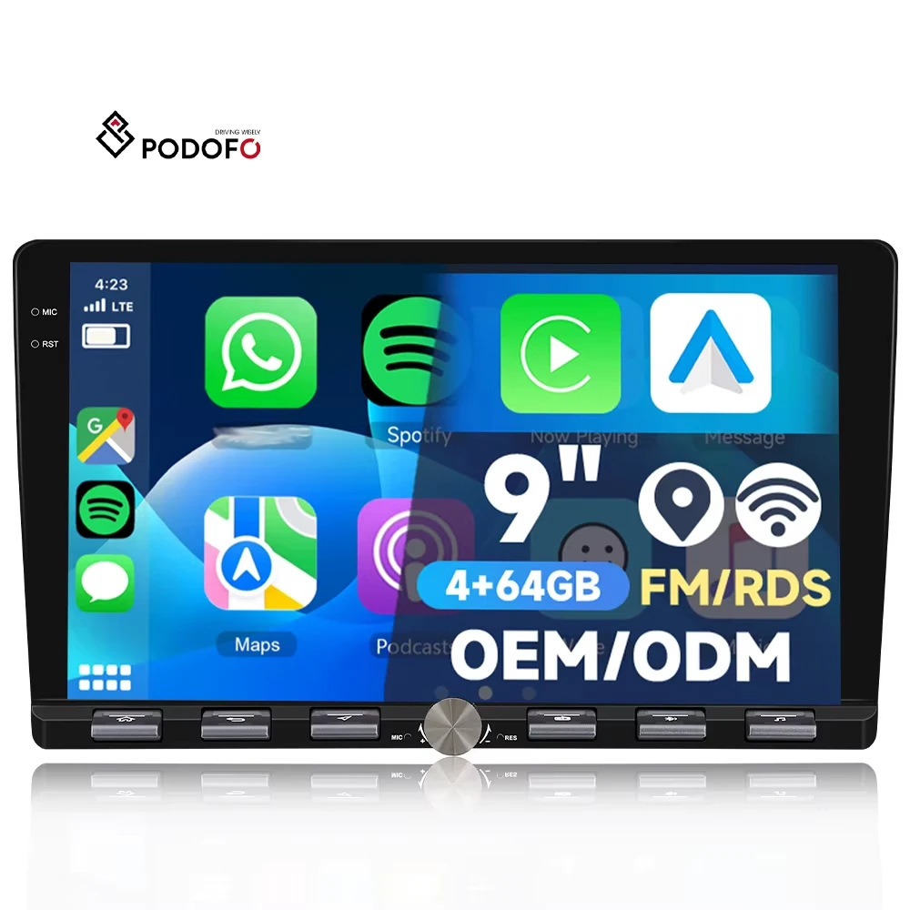Podofo 9'' 4+64G Android Universal Car Stereo Radio 2 Din Autoradio Wireless CarPlay/Android Auto GPS WIFI FM RDS AI DSP BT EQ A4170