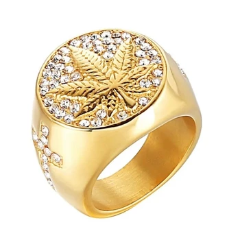 Hip Hop custom Mens Ring Punk mariju Leaf Alloy Ring Iced out Hip hop Gold Weed Leaf Diamond Ring wholesale Jewelry