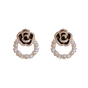 French Style Elegant Retro Fashion Women's S925 Silver Stud Earrings with Zircon Camellia Circle Niche Light Luxury Design