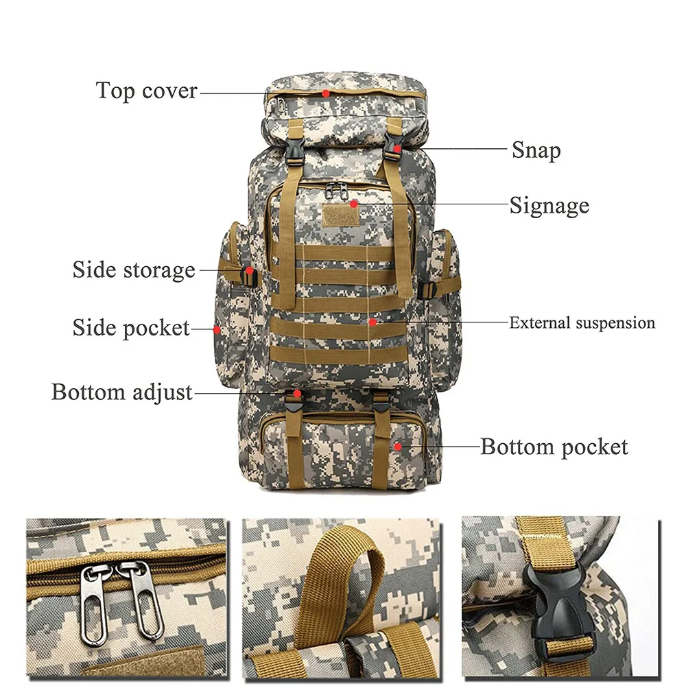 Oleaderbag Practical Assault Backpack 70L Large Capacity Waterproof Bag Outdoor Camouflage Backpack Hiking Bag