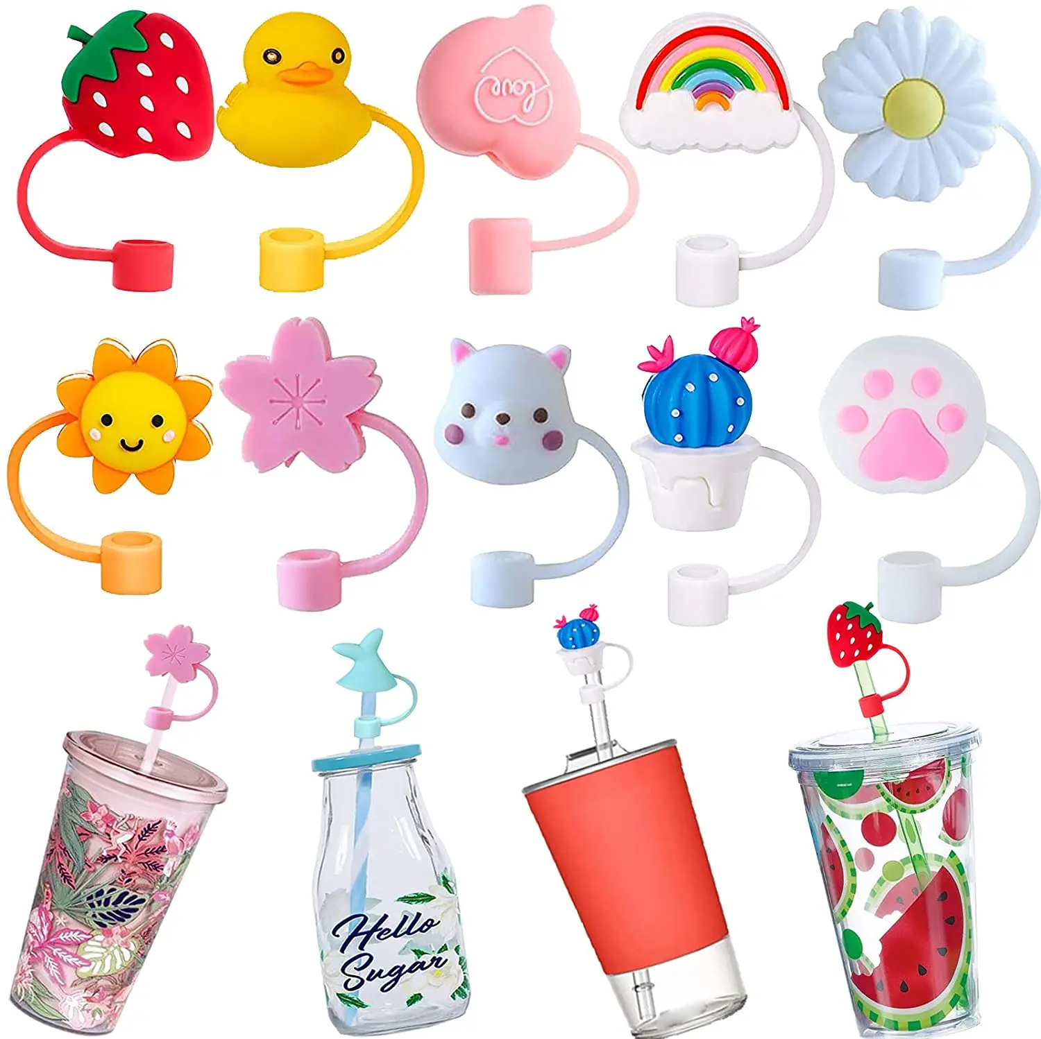 Cute Silicone Straw Plug, Reusable Drinking Dust Caps, Cartoon Plugs Cover,  Splash Proof Straw Tips, Cup Straw Accessories (Red Strawberry)