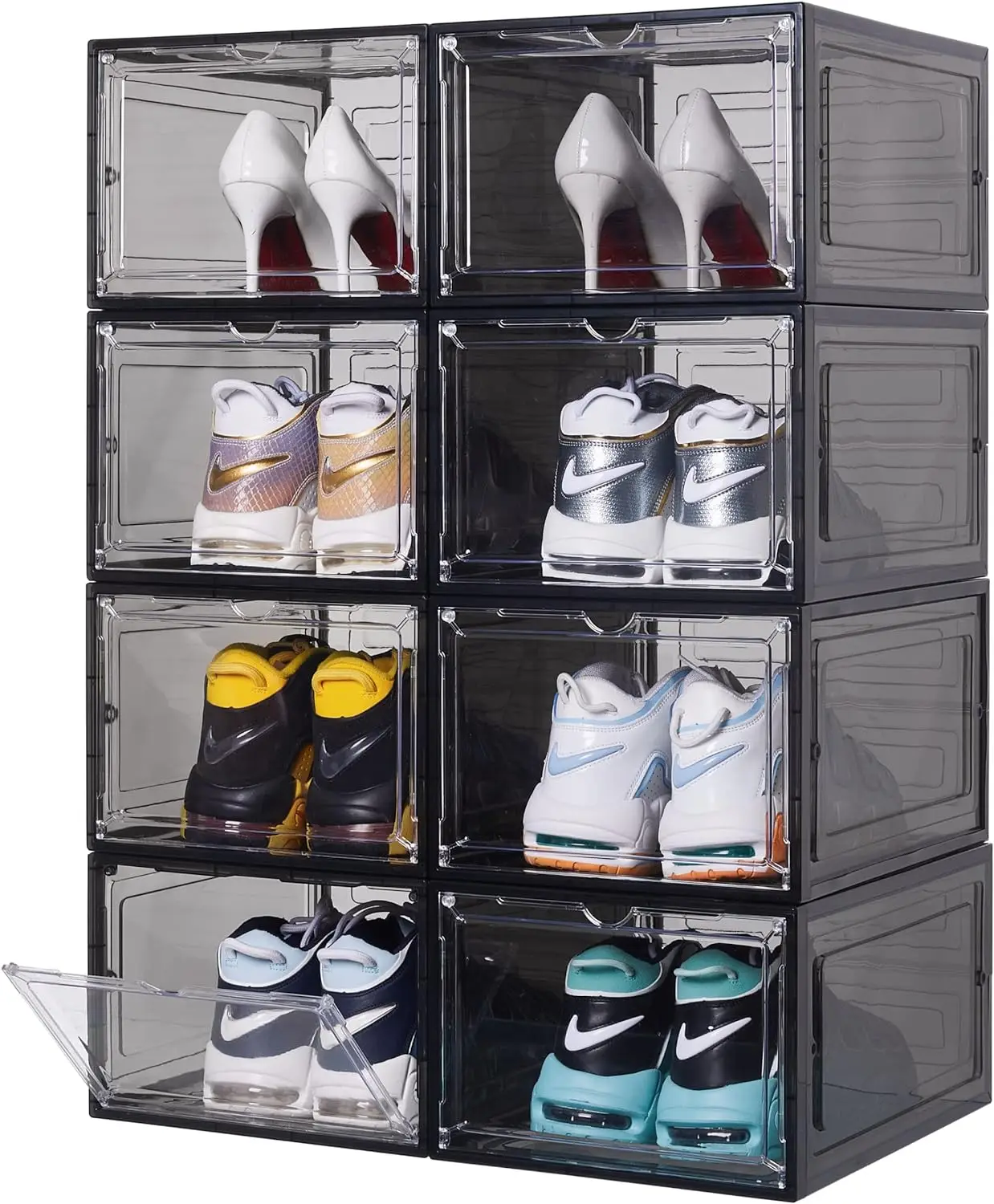 12 Pack Shoe Organizer Boxes, Black Plastic Stackable Shoe Storage Bins