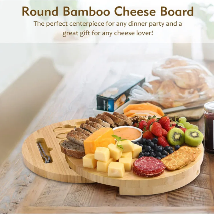 Wholesale Set Round Bamboo Wooden Charcuterie Cheese Board with Cheese ...