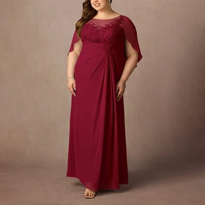 ZYHT 73991 Plus Size Women Mother High Quality Burgundy Dark Blue Black Flower Lace Chiffon Cape Sleeve Dress