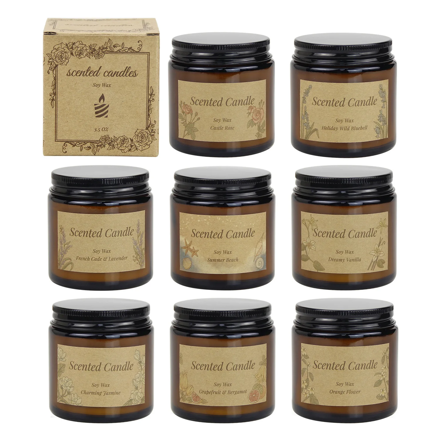 3.5oz Brown Glass Bottle Scented Candle Jar Soy Wax Retro Style