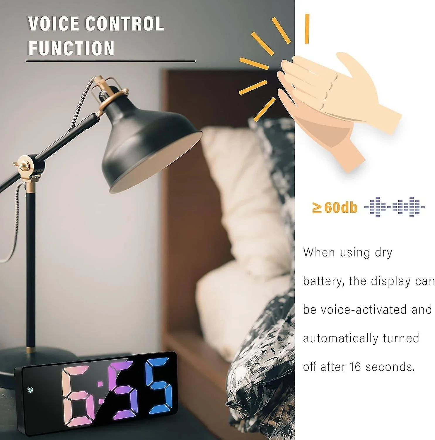 Large Square Display Adjustable Volume Colorful LED Digital Table Desktop Mirror Alarm Clock for Bedroom Living Room