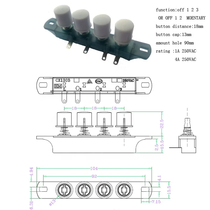 4-Button Touch Switch for Home Appliance 3-Speed Fan Light Momentary Operation IP65 Brass Plastic Material Max Voltage 250V 20A