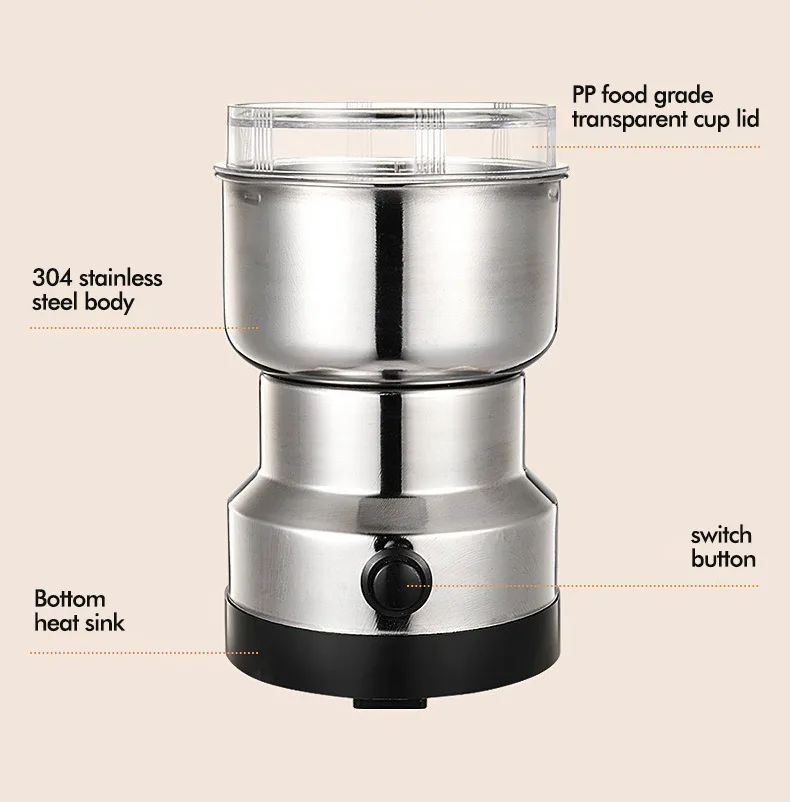 Silver Mini Electric Coffee Grinder for Household Use for Spices and Seeds with 2 Removable Stainless Steel Bowls
