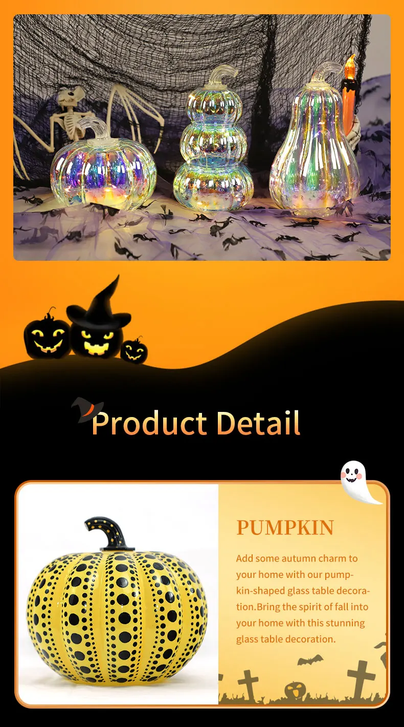 Battery operated laser engraved black happy halloween decorations artificial glass pumpkins to decorate with led lights inside details