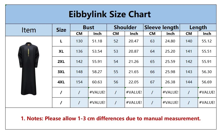 Supplier size chart for the men's thobe