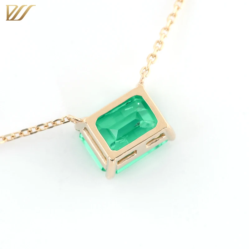 Emerald Cut 7x9 Verdant Lab Created Colombian Emerald Pendant Chain Necklace in 14k Yellow Gold Setting Fine Jewelry for Women
