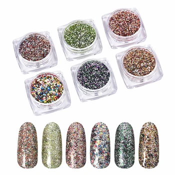 6 jars/zipper bag mixed colors shinny sequins nail art glitter powder set bulk shapes chunky gel nail glitter for nail art