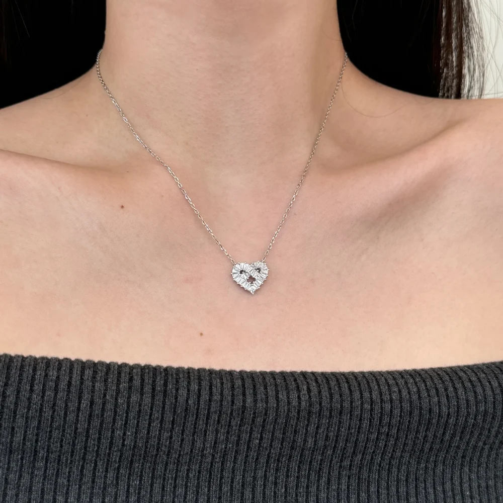 KAKODIY Exquisite Design 925 Sterling Silver Hypoallergenic Chain Baguette Gemstone 5A Cubic Zirconia Heart Shape Pendant Necklace detail 3