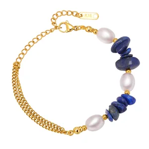 Hiot Sale Women's Charming Beaded Bracelet Irregular Lapis Lazuli Natural Stone Imitation Pearl Chains Bracelet Women Jewelry