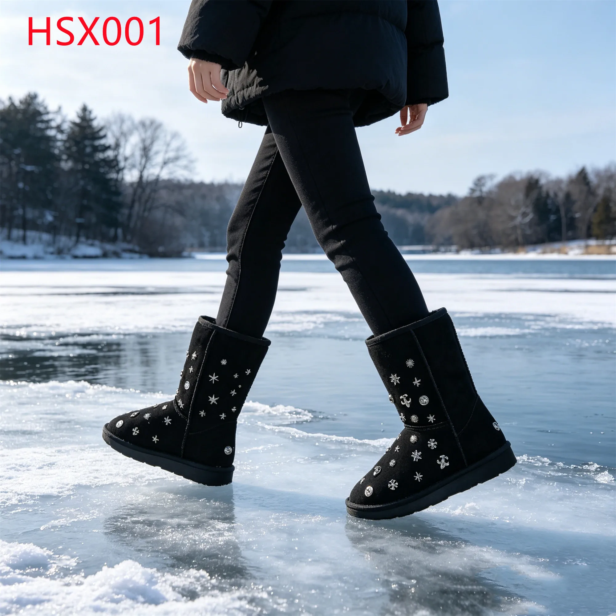 LXG,Snowy Conditions Prevents Cold Drafts Black Lady Boots Winter Occasions Anti-slip TPR Sole Women Snow Boots with RivetHSX001