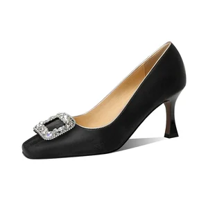 Elegant Square Toe Jeweled Buckle Pumps for Women  Satin High Heels in Black White Customizable Woman Shoes