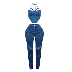 Wholesale Women Jeans Cut out Skinny Ripped Slim Pants Strapless Halter Top Womens Denim women's clothing sexy