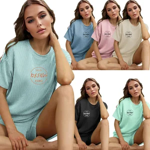 2026 Summer New Custom Logo Set Women Knitted Jacquard Casual Suit European American Fashion New Solid Color Short Sleeve Set