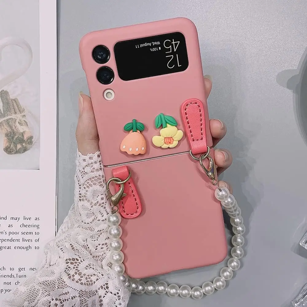 Phone Case for Samsung Galaxy Z Flip 6 5 Flower Pink Tulip Luxury PC TPU Case with Pearls Lanyard Fashionable Girls