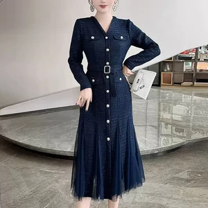 ZYHT 74081 Women Elegant Office Autumn Winter Chic V-neck Dress White and Dark Blue Tweed Mesh Mermaid Design