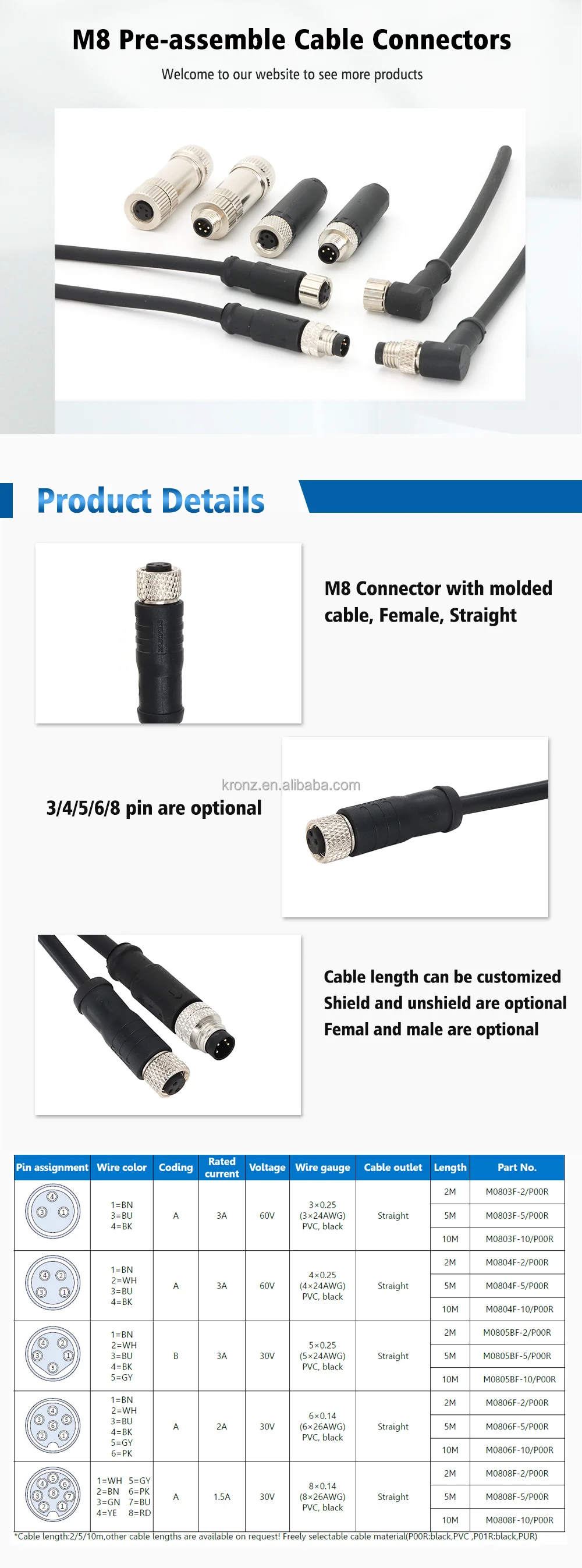 KRONZ Pre-assembled M8 Connector with 3/4/5/6/8 Pin Configuration High Insulation Resistance and Low Contact Resistance