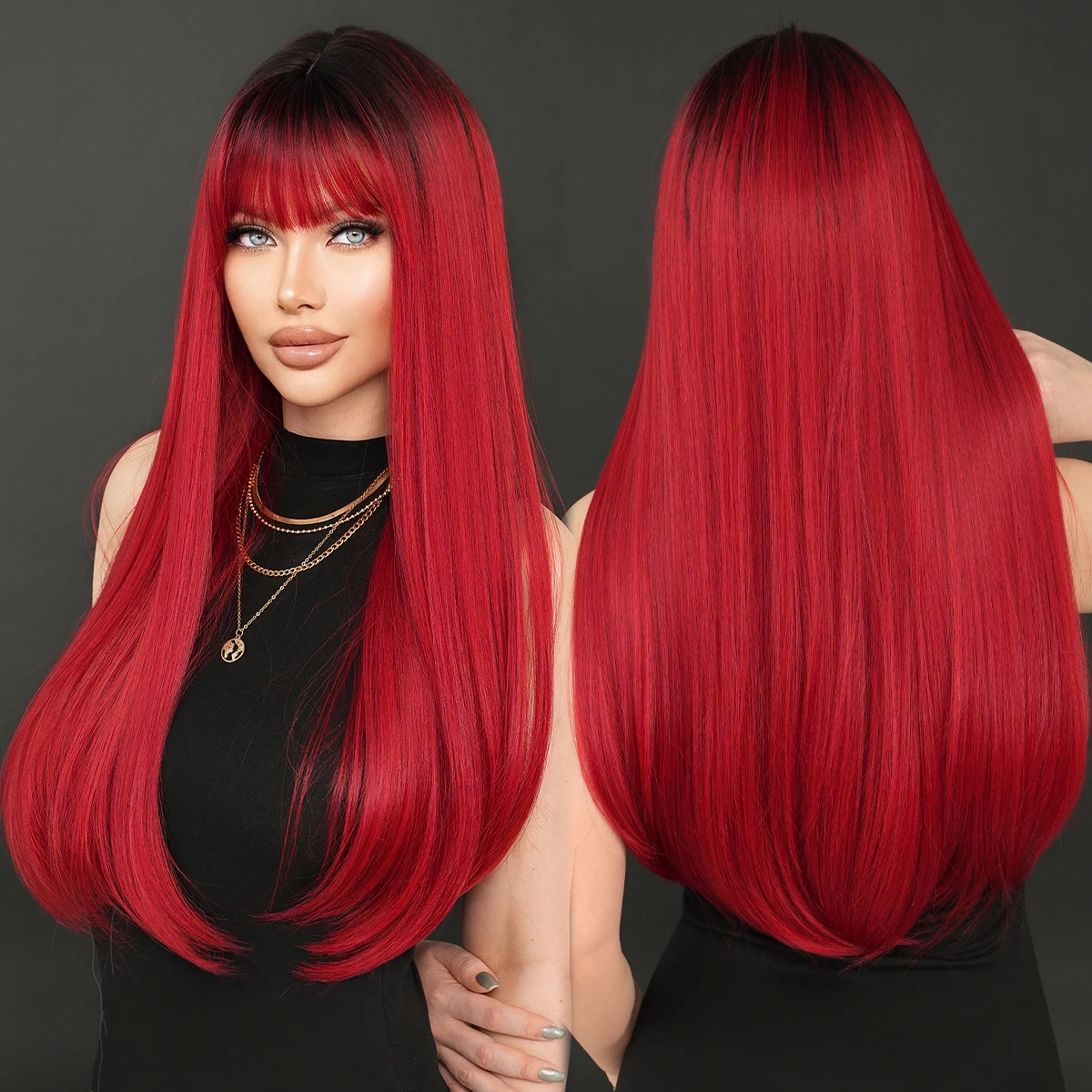 High Quality  RED long straight Wig w/ bangs Long Straight Dark Red Wig with Bangs - Heat Resistant main image 3