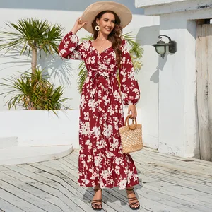 Women's Casual V-Neck Shift Midi Dress Long-Sleeved Floral Print Chiffon Breathable Digital Printing Natural for Summer Beach