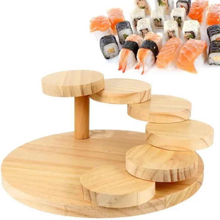 Japanese Wood Sushi Serving Tray Creative Rotating Steps Stairs Meat