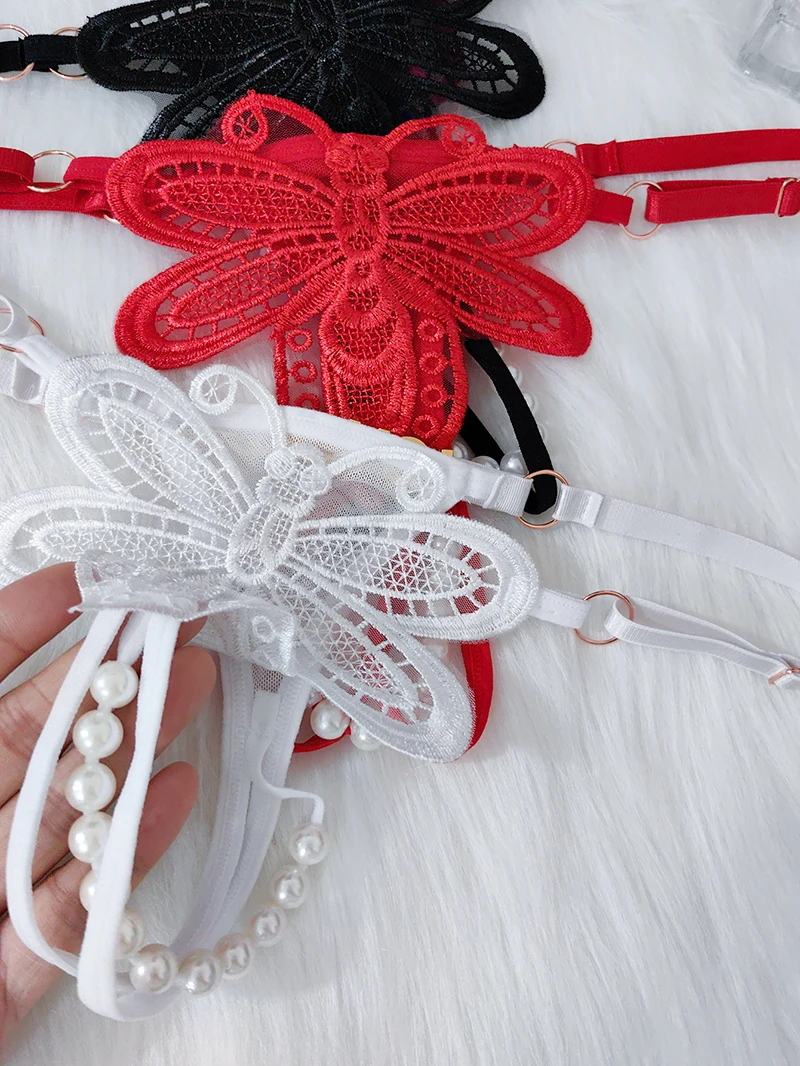Very Hot Girls Thong Sexy G-string Open T-Back Hipster Women's butterfly Erotic Underpants Embroidered Adjustable Pearl Thong